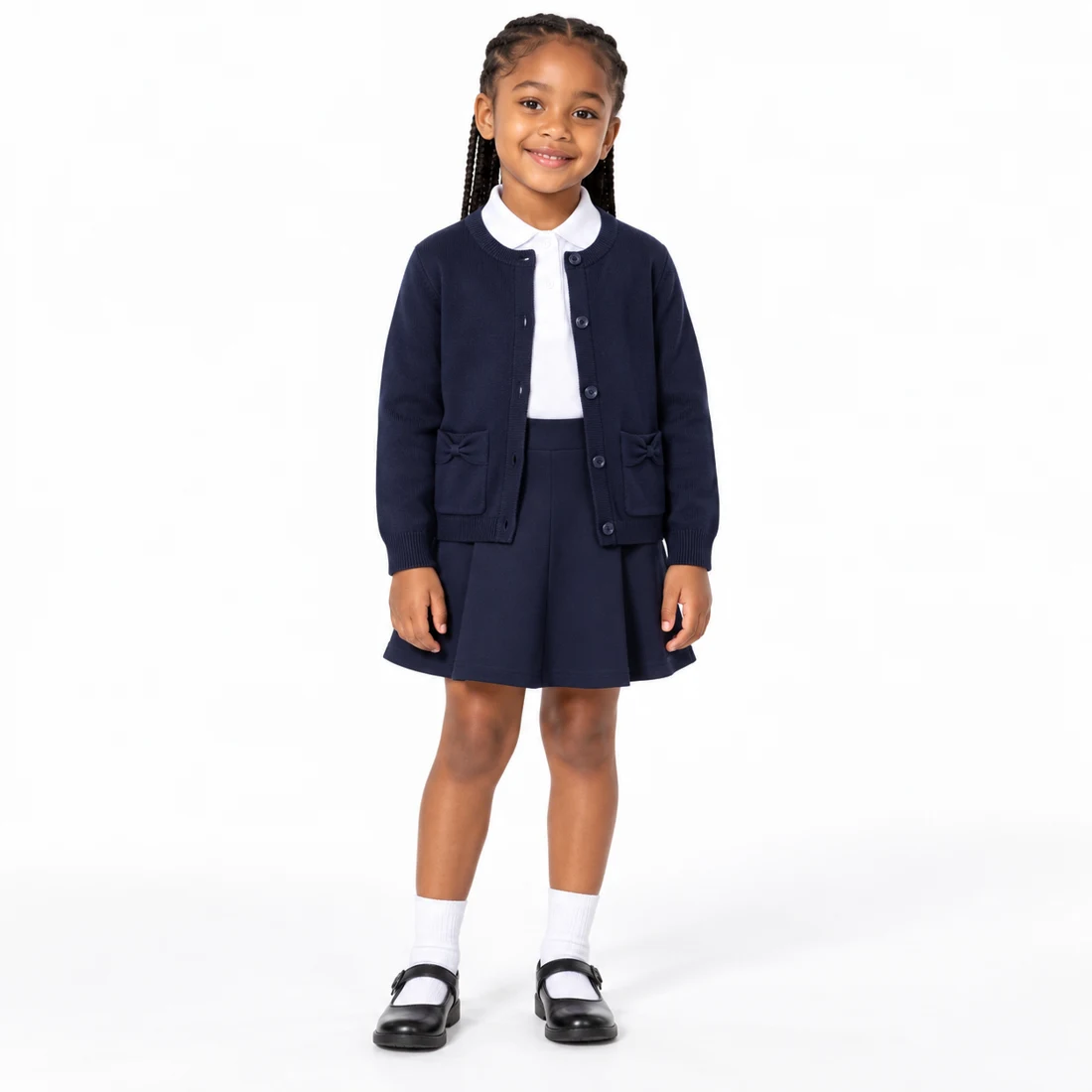 Child wearing a navy Lustrabelle school cardigan